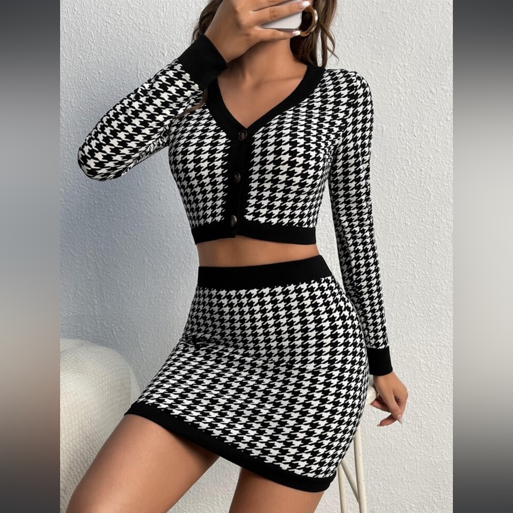Two piece skirt and cardigan crop set houndstooth